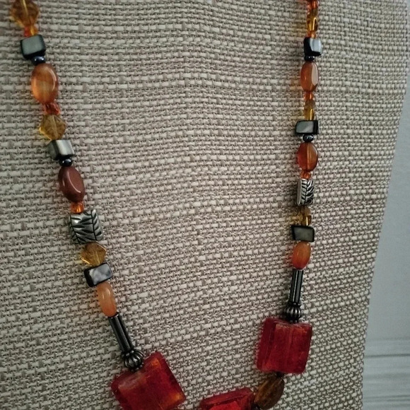 Aztec Boho Glass Polish Beads Necklace Silver Tone - Picture 4 of 6